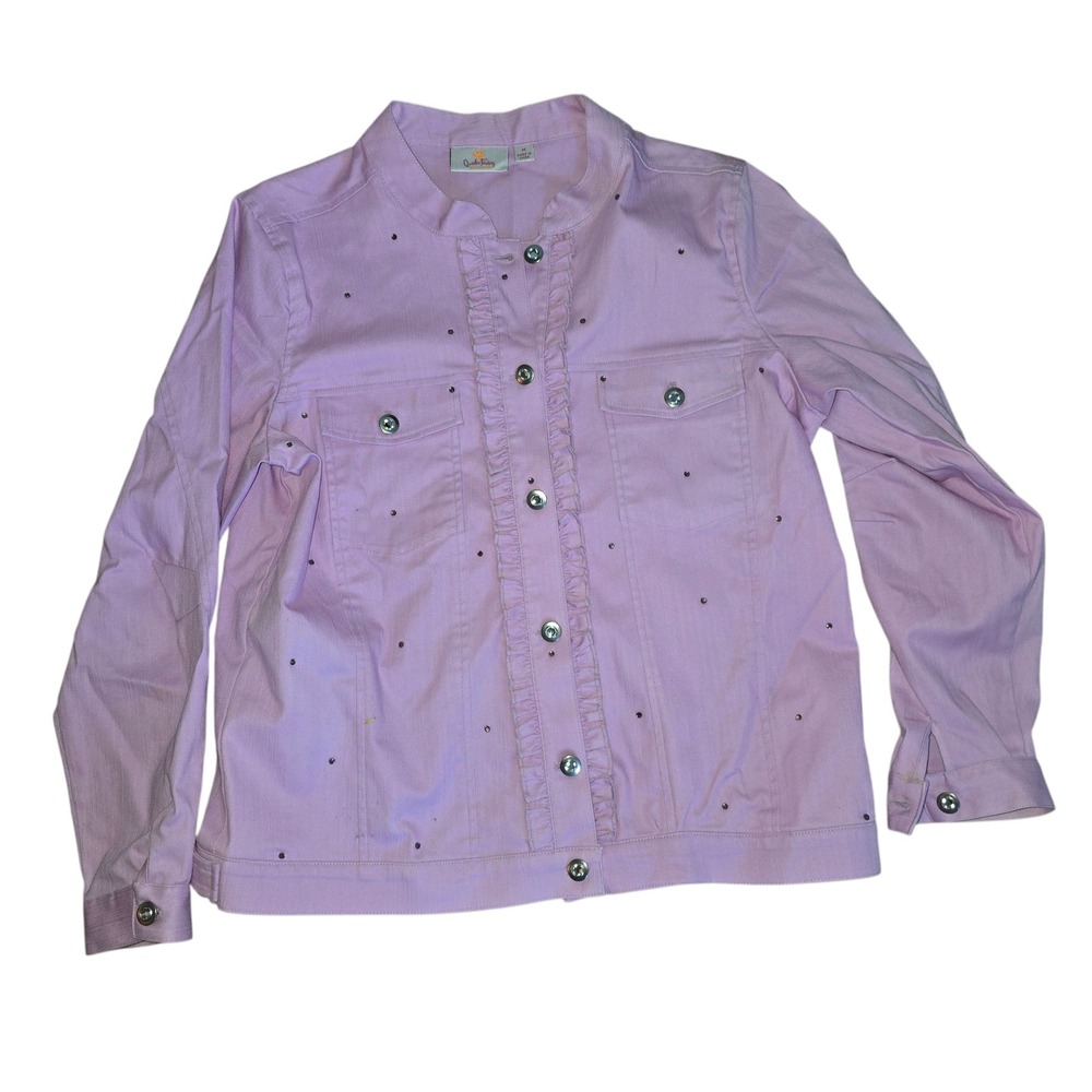 Quacker Factory Embellished Denim Jacket Ruffle Trim Button Front Light Purple M